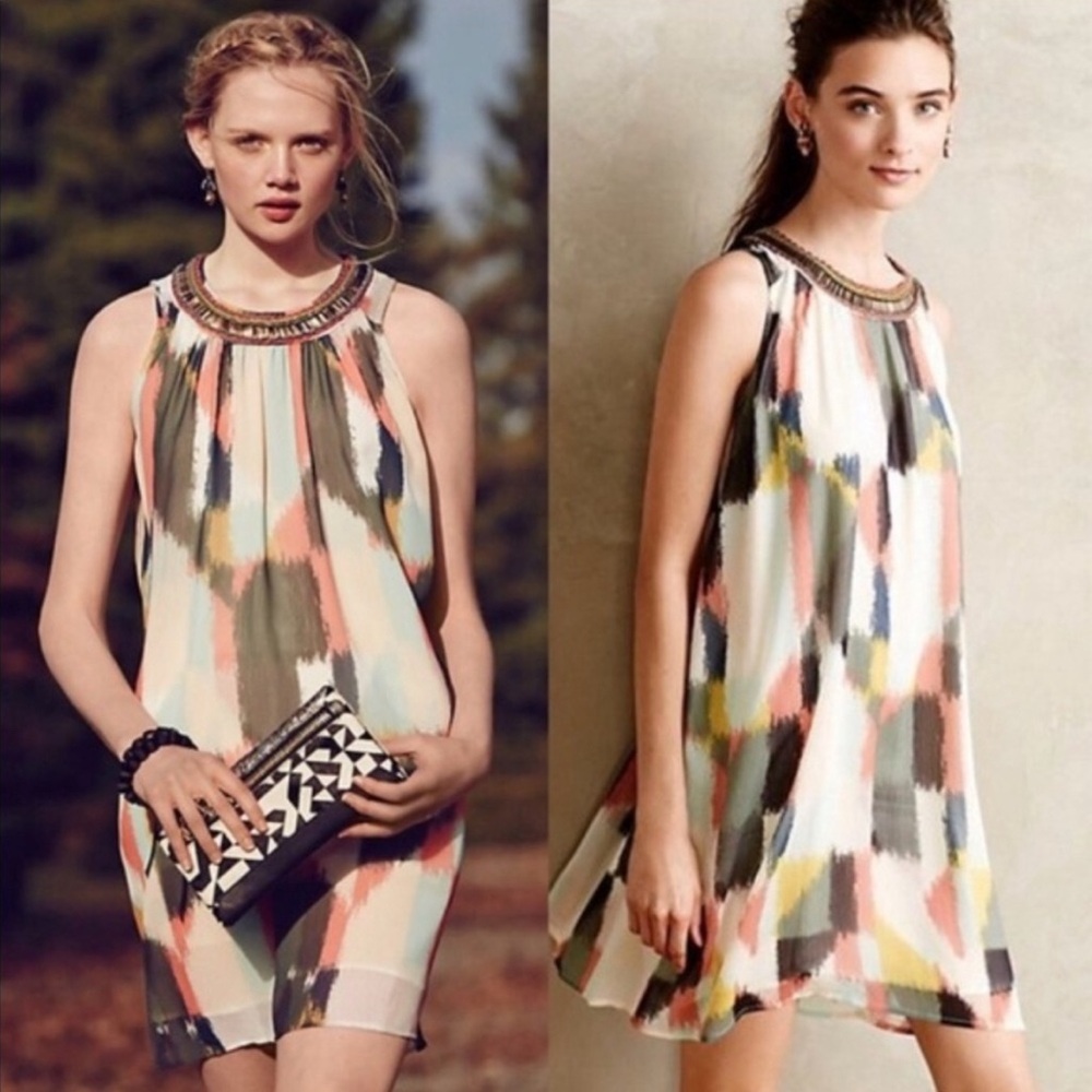 HD in Paris Anthropologie Watercolor Sleeveless Mini Dress Metallic Bead Collar